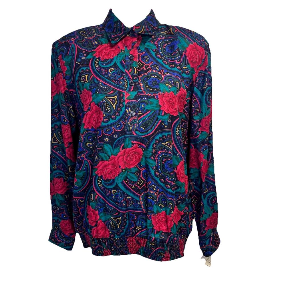 Vintage Alfred Dunner Blouse Top sz 16 Green Blue Red Floral Paisley Career USA